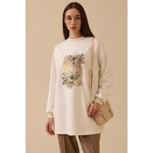 Seçil Kadın Baskılı Taş Detaylı Sweatshirt - Ekru