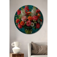 Teona Ahşap Canlı Renkler Yağlı Boya Görünümlü Çiçek Buketi Ahşap Dekoratif Tablo Yuvarlak Duvar Tablosu