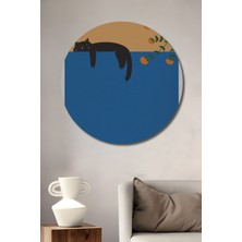 Teona Ahşap Siyah Kedi ve Turuncu Meyveler Sulu Boya Görünümlü Modern Sanat Dekoratif Ahşap Tablo Yuvarlak Duvar Tablosu