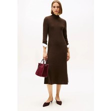 Tommy Hilfiger Kadın Soft Wool Regular Fit Yarım Balıkçı Yaka Midi Elbise - Kahverengi