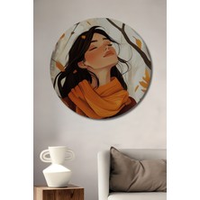 Teona Ahşap Sonbahar Esintisi Kızı Suluboya Görünümlü Ahşap Dekoratif Tablo Yuvarlak Duvar Tablosu