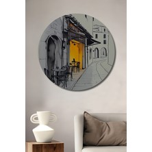 Teona Ahşap Sulu Boya Görünümlü Şık Sokak Kahve Dükkanı Ahşap Dekoratif Tablo Yuvarlak Duvar Tablosu