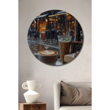 Teona Ahşap Yağlı Boya Görünümlü Sıcak Kahve ve Lezzetli Cheesecake Ahşap Tablo Yuvarlak Duvar Tablosu