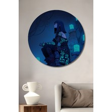 Teona Ahşap Gızemlı Kadın ve Işıklı Sütunlar Kara Kalem Görünümlü Soyut Sanat Tablosu Yuvarlak Duvar Tablosu