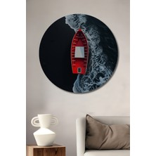 Teona Ahşap Kırmızı Tekne Kara Kum Denizi Manzarası Yağlı Boya Görünümlü Ahşap Dekoratif Tablo Yuvarlak Duvar Tablosu