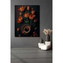 Teona Ahşap Turuncu Lale ve Kahve Fincanı Yağlı Boya Görünümlü Dekoratif Ahşap Ev,antre,salon,ofis,mutfak Tablo