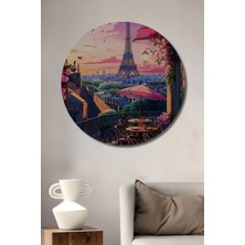 Teona Ahşap Eiffel Kulesi Romantik Gün Batımı Sulu Boya Görünümlü Ahşap Dekoratif Tablo Yuvarlak Duvar Tablosu