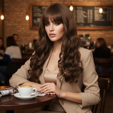 Bigelal Dalgalı Perçemli Uzun Fiber Sentetik Peruk / Koyu Kumral