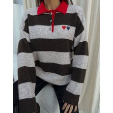 Leilaa Polo Yaka Kalp Nakışlı Çizgili Kazak