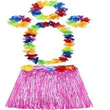 Yetişkin ve Çocuk Uyumlu Luau Aloha Hawaii Pembe Etek ve Renkli Kolye Taç 2 Adet Bileklik Seti