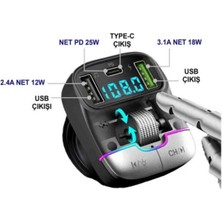 MT9873 55W Pd Hızlı Şarjlı Bluetooth Fm Modülatör - Araç Içi Kablosuz Ses Aktarıcı ve Hızlı Şarj Kiti