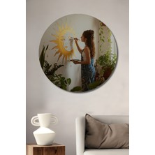 Teona Ahşap Altın Güneş Ay Yüzü Sulu Boya Görünümlü Dekoratif Ahşap Tablo Yuvarlak Duvar Tablosu