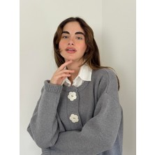 Retrobird Tasarım Çiçek Düğmeli Ceket Hırka Kadın Gri