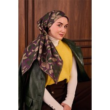 Silk Home Twill Ipek Eşarp Erguvan Yeşil Vizon Papatya Desenli Tok Duruşlu 90X90
