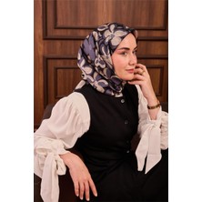 Silk Home Twill Ipek Eşarp Pastel Mor Taş Siyah Papatya Desenli Tok Duruşlu 90X90