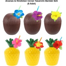 Ananas &amp; Hindistan Cevizi Tasarımlı Pipetli Bardak Seti (6 Adet)