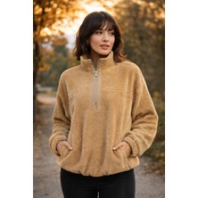Polo State Kadın Balıkçı Yaka Yarım Fermuarlı Peluş Polar Sweatshirt Bej