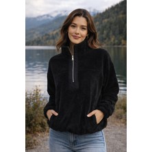 Polo State Kadın Balıkçı Yaka Yarım Fermuarlı Peluş Polar Sweatshirt Siyah