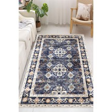Pelura Halı Vintage Desenli Kaymaz Taban Lacivert Yıkanabilir Şönil Salon Halısı Yolluk