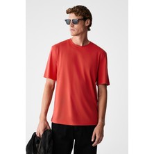 Grimelange MOCASSIN Erkek %100 Pamuk Baskılı Relaxed Fit Yuvarlak Yaka Kısa Kollu Kırmızı T-Shirt
