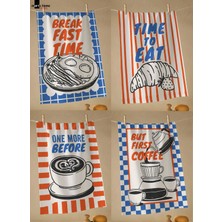 Marte Home Breakfast Club - Renkli Baskılı 4'lü Set 40X60 Mutfak Havlusu, Kurulama Bezi