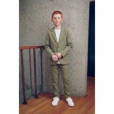 Magu Erkek Çocuk Pamuklu Haki Blazer Takım – Ceket, Pantolon ve T-Shirt Dahil (3'lü Set)