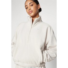 Nike One Therma Fit Oversize Half Zip Sweatshirt Kadın Oversize Kısa Yarım Fermuar Polar Sweatshirt Krem