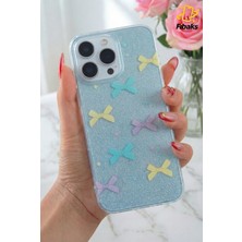 Fibaks Apple iPhone 14 Pro Max Uyumlu Kılıf Mavi Simli Renkli Fiyonk Desenli Parlak Darbe Emici Kapak