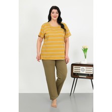 İbrahim Burak Etiler Collection Moda Çizgi Kadın Büyük Beden Kısa Kol Penye Pijama Takımı Sarı 202505