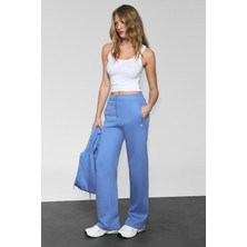 Urban Beat Clayt Kadın Polarlı ve Yumuşak Kumaşlı Çift Cepli Baskı Detaylı Relaxed Mavi Eşofman Altı