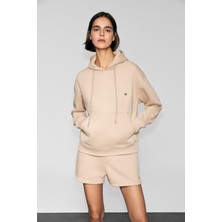 Urban Beat Jıngso Kadın Polarlı Yumuşak Kapüşonlu Kanguru Cepli Baskı Detaylı Vizon Sweatshirt