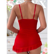 Nemere Angel Fırfırlı Dantel Işlemeli Tül Fantezi Kırmızı Gecelik