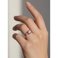925 Ayar Gümüş Gold Rose Pembe Zirkon Tek Taş Ayarlı Trend Kadın Yüzük Sevgililer Günü Hediye
