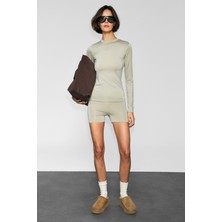 Urban Beat Runles Kadın Baskı Detaylı Slim Fit Sporcu Kısa Taş Rengi Tayt