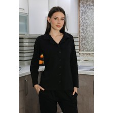 İbrahim Burak Etiler Collection Moda Çizgi Kadın Pamuk Penye Önden Düğmeli Uzun Kol Pijama Takım Siyah 2783