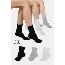 ERENART Bambu Kadın Lastiksiz Beyaz Siyah Gri Fırfırlı Soket Dikişsiz Çorap 3'lü Paket Iz Bırakmaz Sıkmayan Çorap