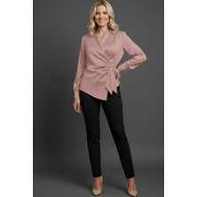 Kadın Saten Görünümlü Kruvaze Bağlamalı Bluz Şık ve Modern Kesim