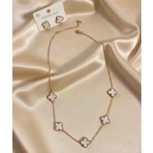 Güneş Takı Gold Beyaz Büyük Boy Yonca Çelik Kolye Küpe Set