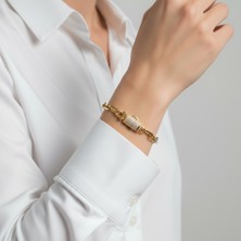 PIEDORA GOLD 14 Ayar Altın Taşlı Kilit Detaylı Uzun Oval Zincir Kadın Bileklik