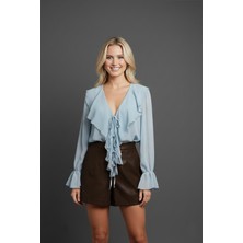 Lizaa Moda Kadın Yüksek Bel Deri Görünümlü Şort Kahverengi