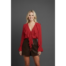 Lizaa Moda Kadın V Yaka Fırfırlı Bağlamalı Şifon Bluz