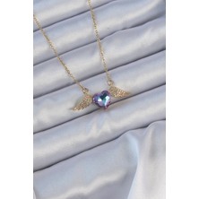 Shopwave 316L Çelik Zincir Altın Renk Mavi Mor Zirkon Taşlı Kanatlı Kalp Kolye - TJ-BKO9161