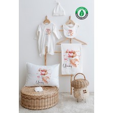 Lilabio %100 Organik Isme Özel Isimli 6lı Hastane Çıkışı Tulum Set Kalpli Tavşan