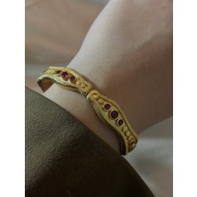 MonCherietr Gemora Pirinç Üzeri Altın Kaplama Renkli Taş Detaylı Kelepçe Bileklik