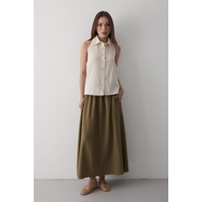 Jaste Kadın Yakalı Sıfır Kol Sırt Kısmı Acık Lastikli Keten Bluz EKRU