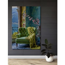 Ahşap Üzerine Yağlı Boya Görünümlü Şık Yeşil Koltuk ve Kiraz Çiçekleri Dekoratif Ahşap Tablo