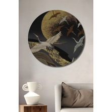 Altın Ay Işığında Kanatlanan Turnalar Yağlı Boya Görünümlü Ahşap Tablo Yuvarlak Duvar Tablosu