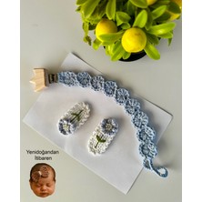 Livadesign7 Yenidoğan Saçsız Bebek Tokası ve Emzik Askısı El Emeği Örgü 3'lü Set