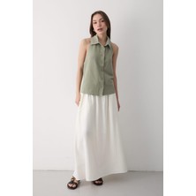 Jaste Kadın Yakalı Sıfır Kol Sırt Kısmı Acık Lastikli Keten Bluz HAKİ