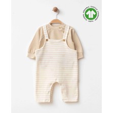 L'atelier Midumi Bebek, Unisex, %100 Organik Pamuk, 2'li Ayıcık Desenli Çizgili Salopet ve Bej Sweatshirt Tk